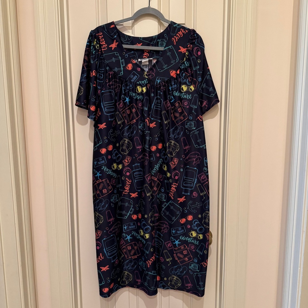 Anthony Richards Nightgown Women 3X Navy Blue Travel Neon Print Lounger 059748